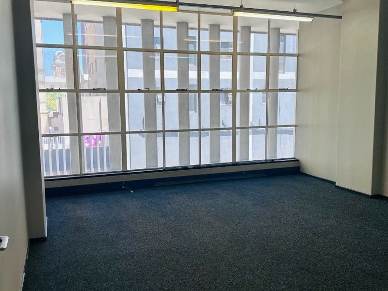 A bright, empty office space featuring large grid windows that provide ample natural light and a carpeted floor.