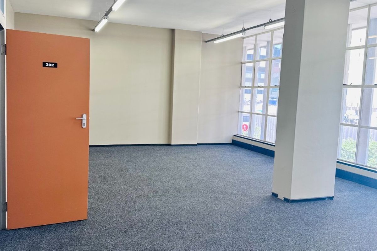 A bright, open-plan office space featuring large windows, neutral walls, carpeted flooring, and functional overhead strip lighting.