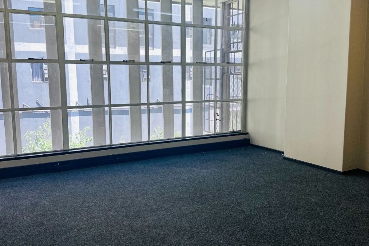 A bright, empty office space featuring large industrial-style windows, fitted carpeting, and overhead lighting tracks, suitable for a professional workspace.
