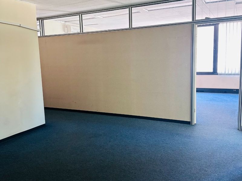 An empty office space featuring blue carpeting, a suspended ceiling with recessed lighting, and partition walls with glass clerestory panels.