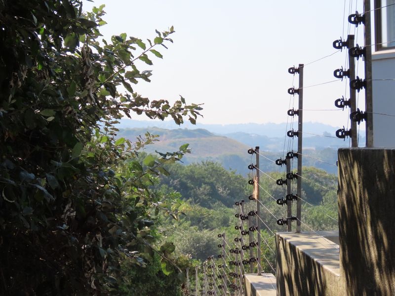 A view overlooking the surrounding landscape, featuring a concrete boundary wall equipped with electric fencing for security.