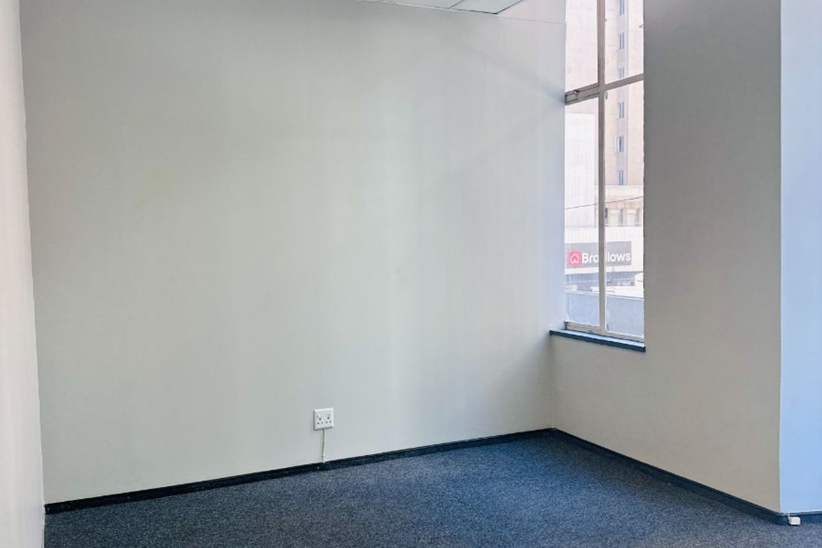 A clean, empty office space featuring carpeted flooring, a suspended ceiling with recessed lighting, and a large window providing natural light.