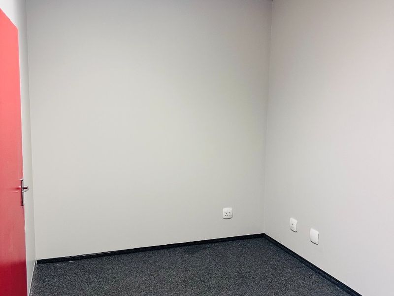 A clean, empty office space featuring neutral walls, grey carpet flooring, and a suspended ceiling with integrated lighting.