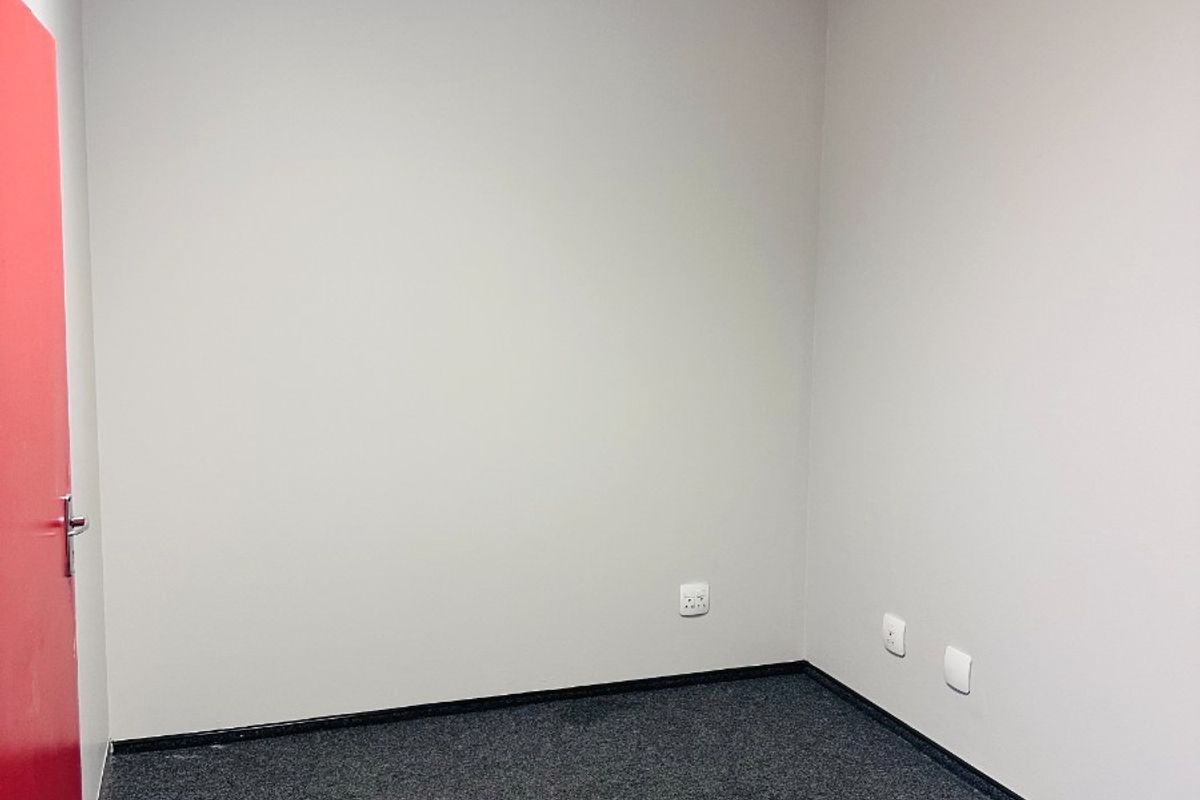 A clean, empty office space featuring neutral walls, grey carpet flooring, and a suspended ceiling with integrated lighting.