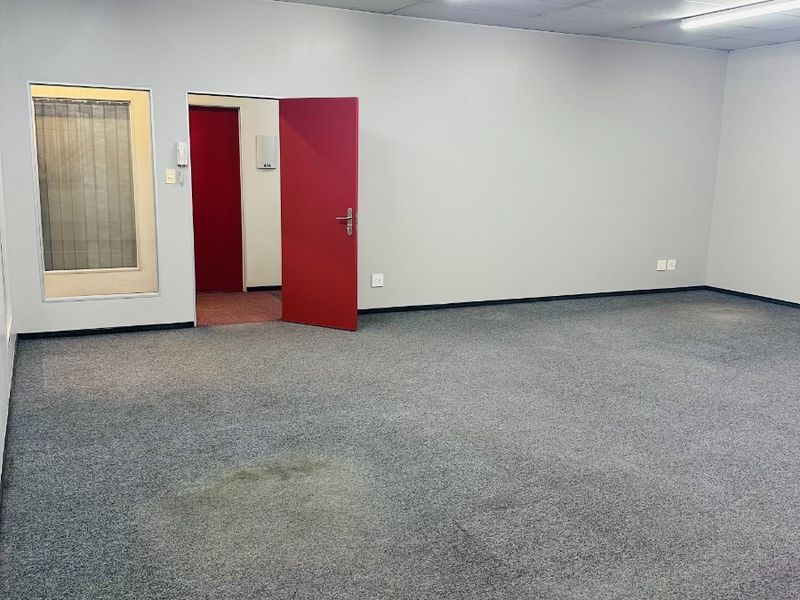 An empty office space featuring a suspended ceiling, fluorescent lighting, and carpet flooring with visible wear.