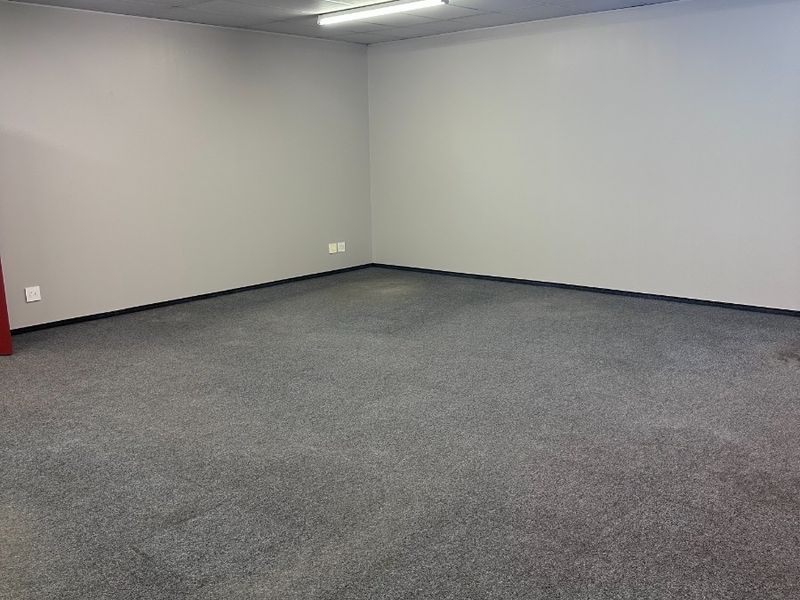A clean, empty office space featuring neutral walls, carpeted flooring, and a suspended ceiling with integrated fluorescent lighting.