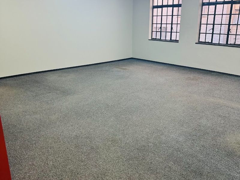 A spacious, empty office area featuring a suspended ceiling, fluorescent lighting, and large grid-pattern windows, providing a blank canvas for professional workspace customization.