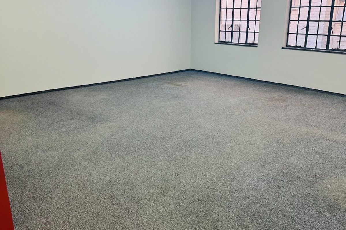 A spacious, empty office area featuring a suspended ceiling, fluorescent lighting, and large grid-pattern windows, providing a blank canvas for professional workspace customization.