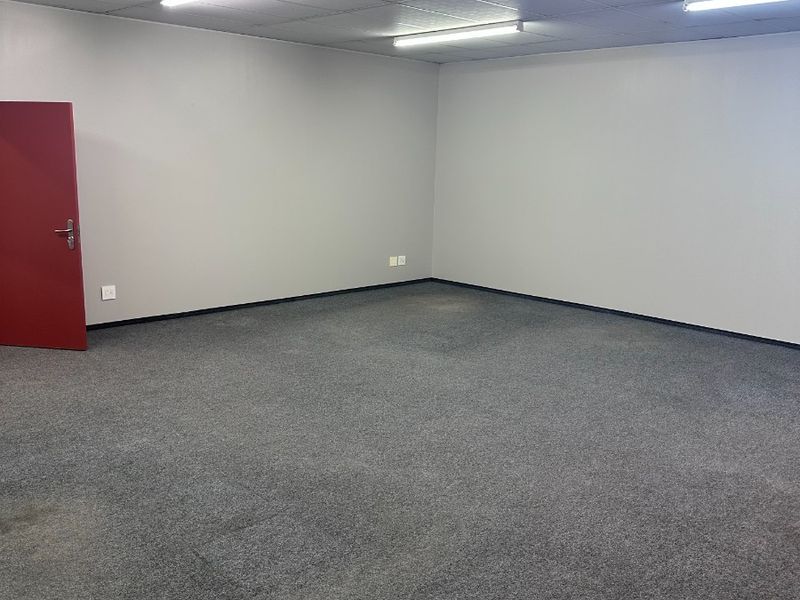 A clean, empty office space featuring neutral grey walls, grey carpeting, and a suspended ceiling with integrated fluorescent lighting.