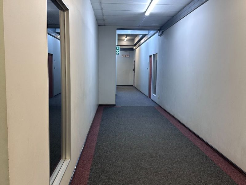 A clean, functional office hallway featuring carpeted flooring, suspended ceilings with fluorescent lighting, and internal glass partitions providing access to adjacent office spaces.