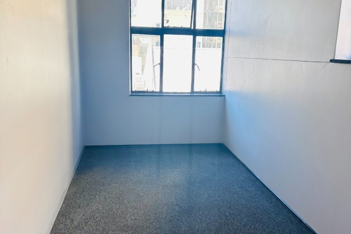 A vacant office space featuring grey carpeting, neutral walls with a blue accent border, and a large window providing natural light.