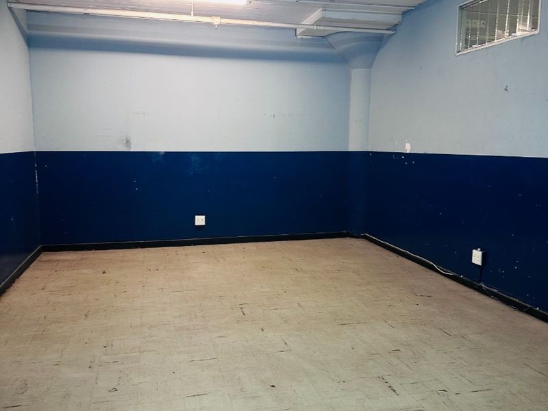 An empty utility space featuring vinyl flooring, fluorescent lighting, and two-tone painted walls, suitable for storage or a functional workspace.