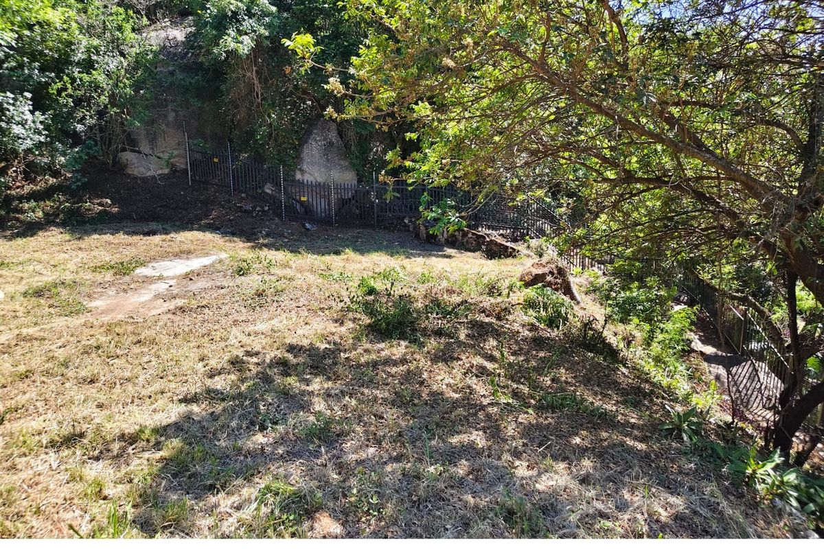 A sloped residential plot featuring natural rock formations, mature trees, and existing metal perimeter fencing.