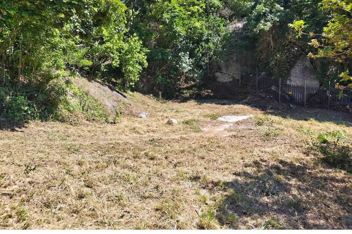 A vacant residential plot featuring natural rock formations, mature trees, and existing perimeter fencing.