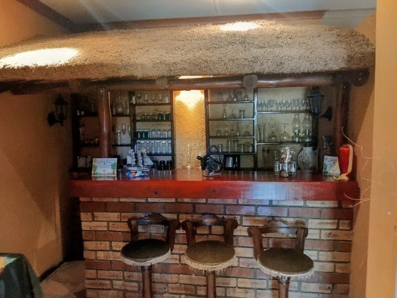 A rustic indoor bar area featuring a brick counter, thatched roof detail, and integrated shelving for glassware.