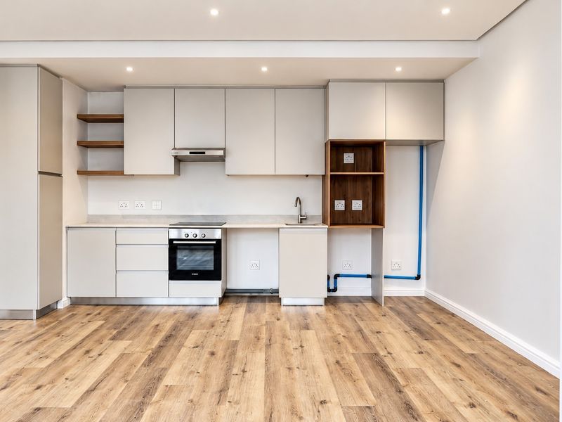 Modern kitchen featuring sleek cabinetry, integrated oven, extractor fan, and wood-look laminate flooring. The space is clean and ready for final appliance installation.