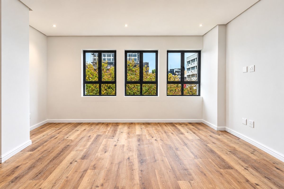 A bright, empty living room featuring modern laminate wood flooring, recessed downlights, and large black-framed windows with a pleasant urban view.