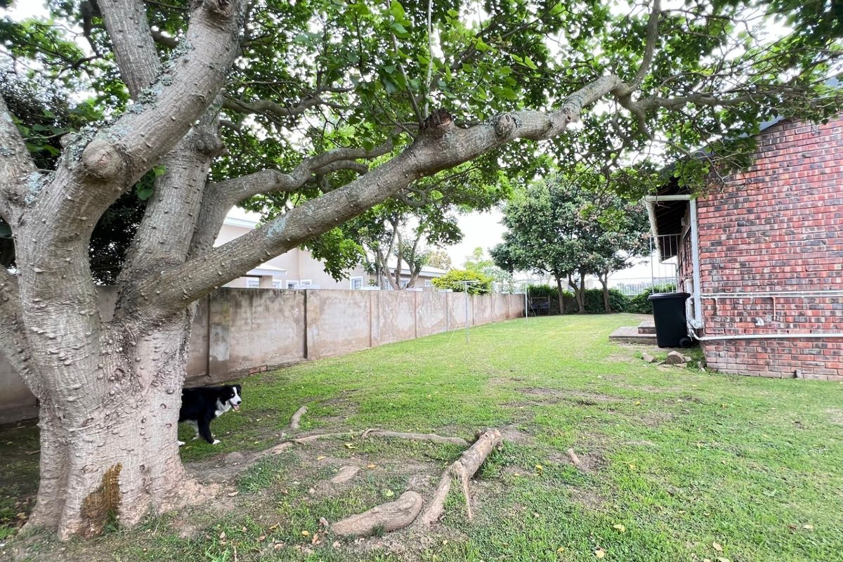 A spacious rear garden featuring a mature tree, a brick exterior wall, and a perimeter boundary wall.