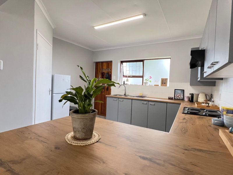 A functional kitchen featuring modern grey cabinetry, wood-look laminate countertops, a built-in hob, and a tiled splashback with ample natural light.
