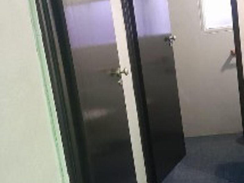 A functional hallway area featuring carpeted flooring and multiple internal doors, providing access to adjacent rooms within the industrial property.