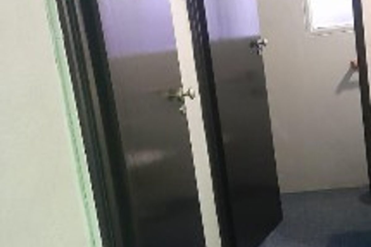 A functional hallway area featuring carpeted flooring and multiple internal doors, providing access to adjacent rooms within the industrial property.