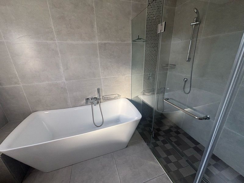 Modern bathroom featuring a sleek freestanding bathtub and a spacious walk-in shower with glass enclosure, finished with contemporary large-format tiles and mosaic accents.