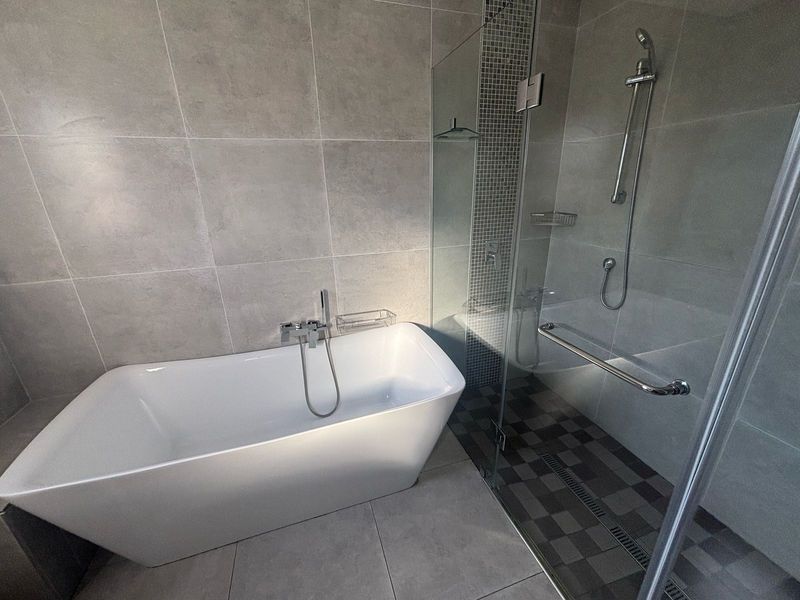 Modern bathroom featuring a sleek freestanding bathtub and a spacious walk-in shower with glass enclosure and contemporary grey tiling.