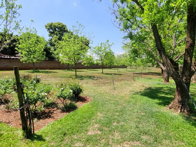 A spacious, well-maintained garden area featuring mature trees, established garden beds, and a secure perimeter brick wall.