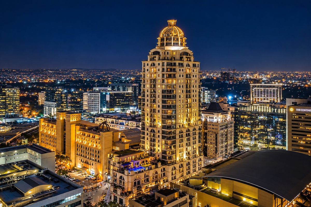 A stunning night-time aerial view of a prominent high-rise apartment building featuring a distinctive golden dome and illuminated city skyline.