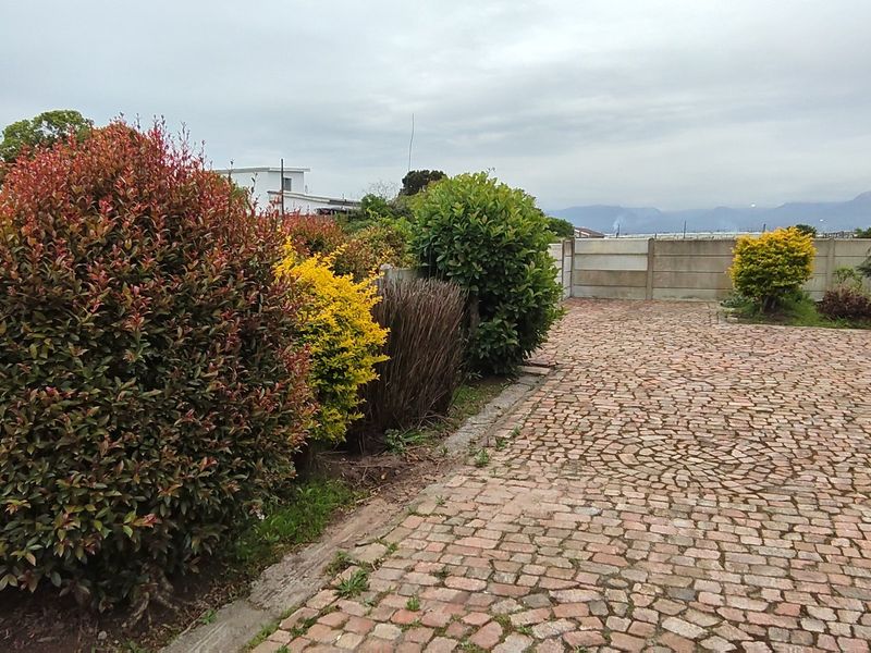 A rear outdoor area featuring cobblestone paving, established garden shrubbery, and a precast concrete boundary wall.