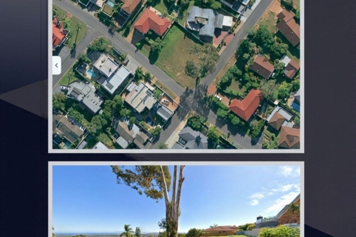 A composite image showing an aerial view and street-level perspective of a vacant residential stand with potential for sea views.