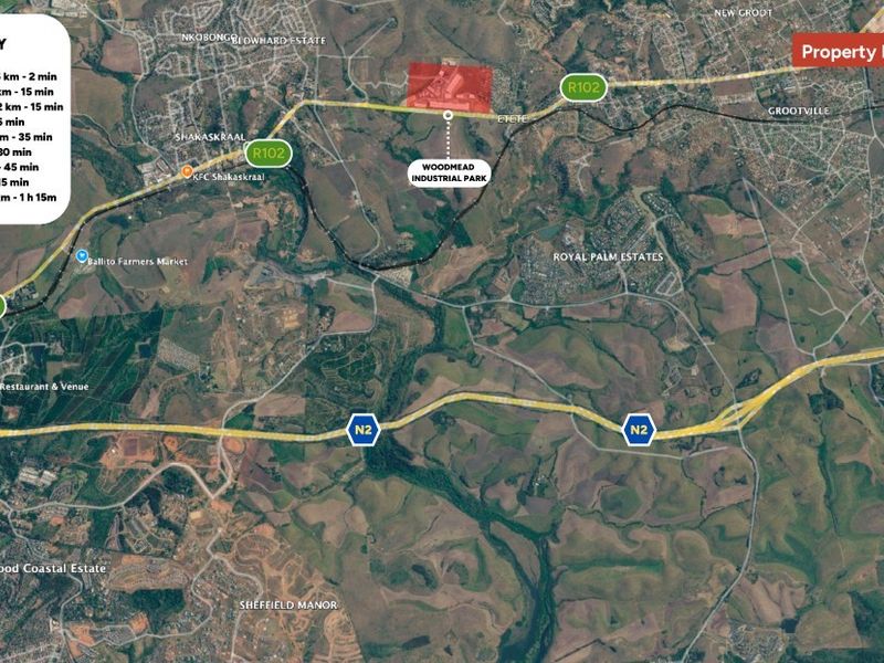 An aerial map view highlighting the strategic location of Woodmead Industrial Park in relation to major transport routes and regional hubs.