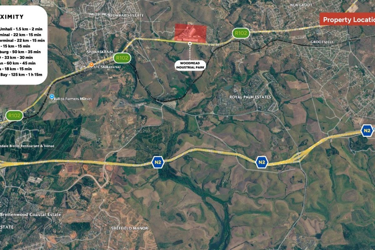 An aerial map view highlighting the strategic location of Woodmead Industrial Park in relation to major transport routes and regional hubs.