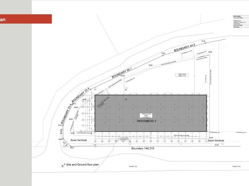 A detailed site plan showing the proposed warehouse layout, boundary lines, and yard area for the Woodmead 2 industrial property.