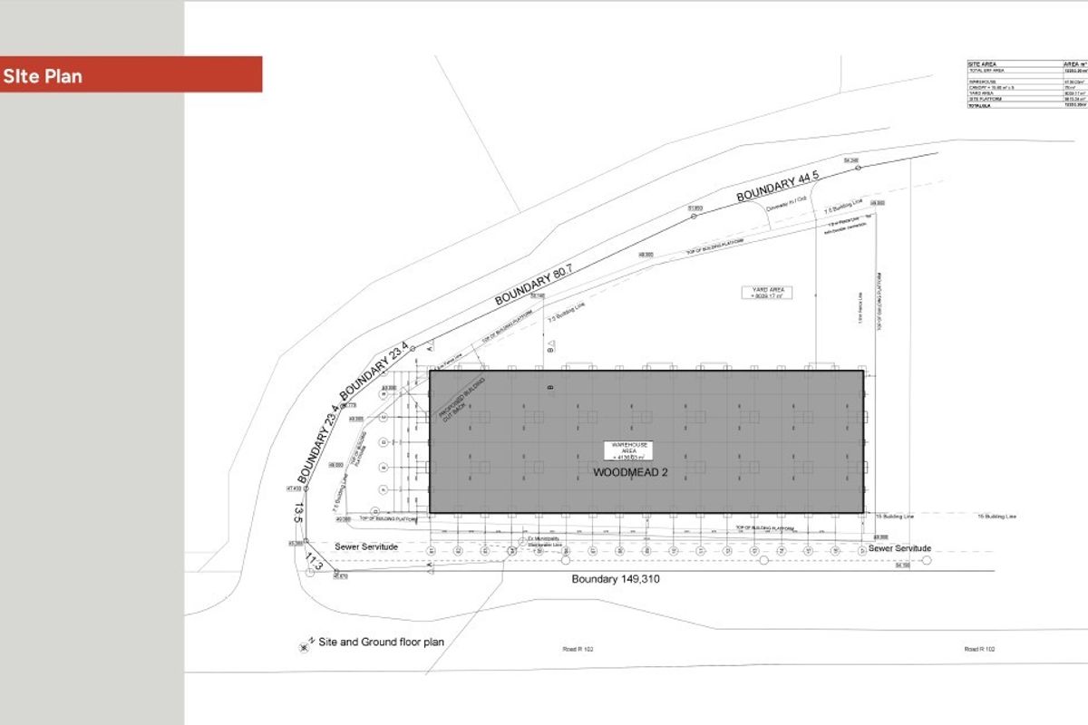 A detailed site plan showing the proposed warehouse layout, boundary lines, and yard area for the Woodmead 2 industrial property.