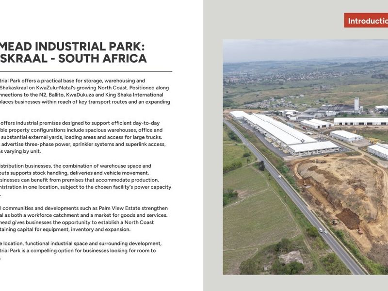 Aerial view of Woodmead Industrial Park in Shakaskraal, showcasing the warehouse complex, surrounding infrastructure, and access roads.