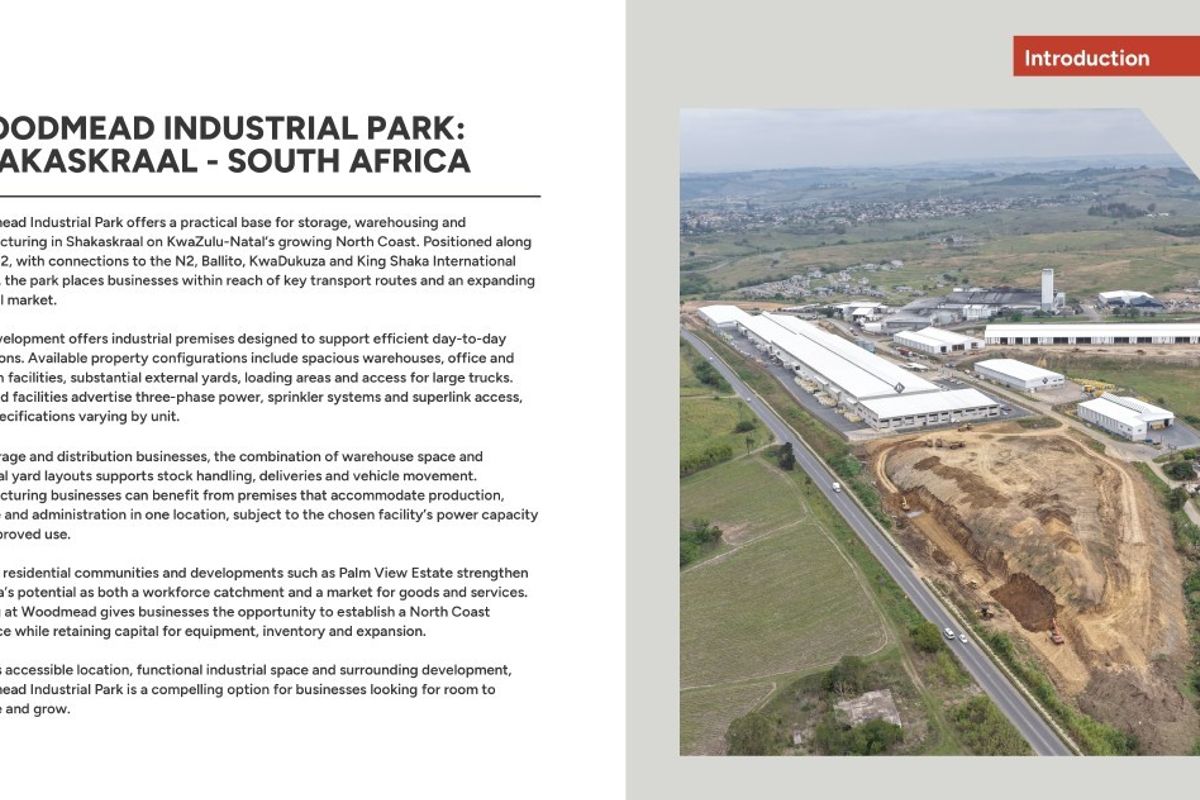 Aerial view of Woodmead Industrial Park in Shakaskraal, showcasing the warehouse complex, surrounding infrastructure, and access roads.