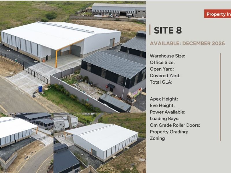Aerial view of an industrial site featuring a warehouse, office space, and paved yard area with secure perimeter fencing.