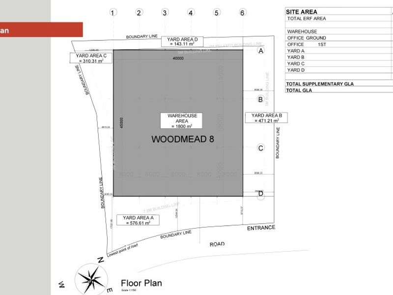 A detailed site plan for the industrial property, outlining the warehouse, office areas, and various yard spaces with total area measurements.
