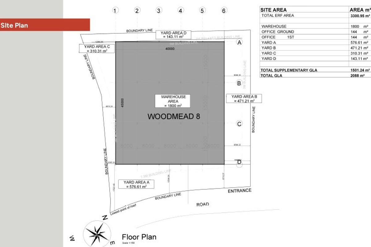 A detailed site plan for the industrial property, outlining the warehouse, office areas, and various yard spaces with total area measurements.