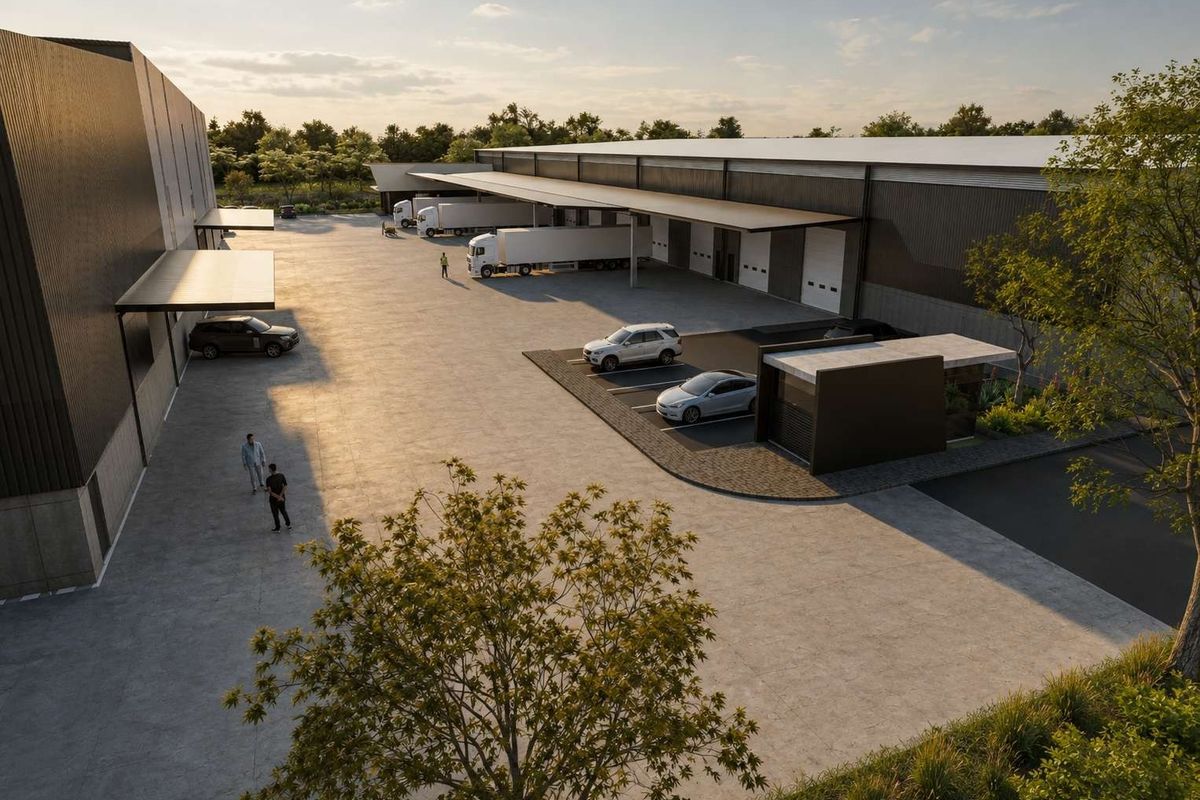 Aerial view of a modern industrial warehouse complex featuring extensive concrete yard space, multiple loading docks, and a dedicated security gatehouse.