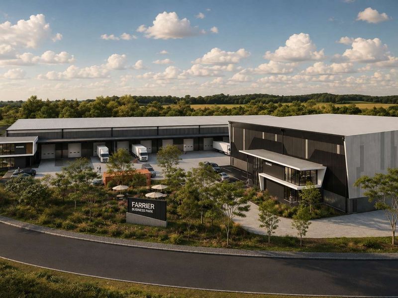 Aerial view of Farrier Business Park featuring modern industrial warehouse facilities, loading docks, paved yard space, and professional landscaping.