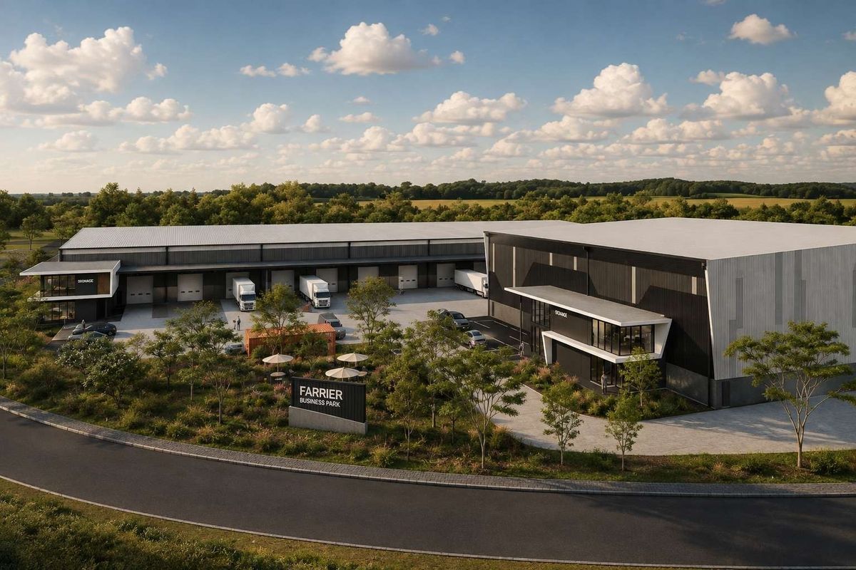 Aerial view of Farrier Business Park featuring modern industrial warehouse facilities, loading docks, paved yard space, and professional landscaping.