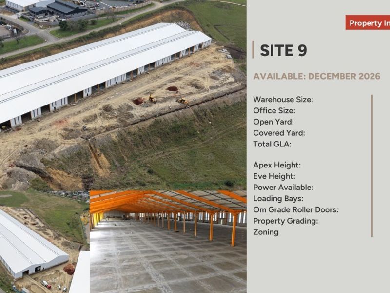 Aerial view and interior perspective of a large industrial warehouse site featuring high-clearance roofing, multiple roller doors, and expansive yard space.