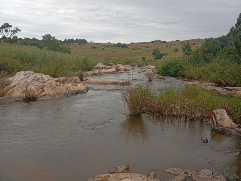 A scenic view of a natural stream flowing through rocky terrain on the farm property.