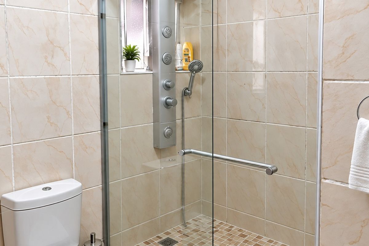 A functional bathroom featuring a glass-enclosed shower with a multi-jet shower panel, tiled walls, and a standard toilet.