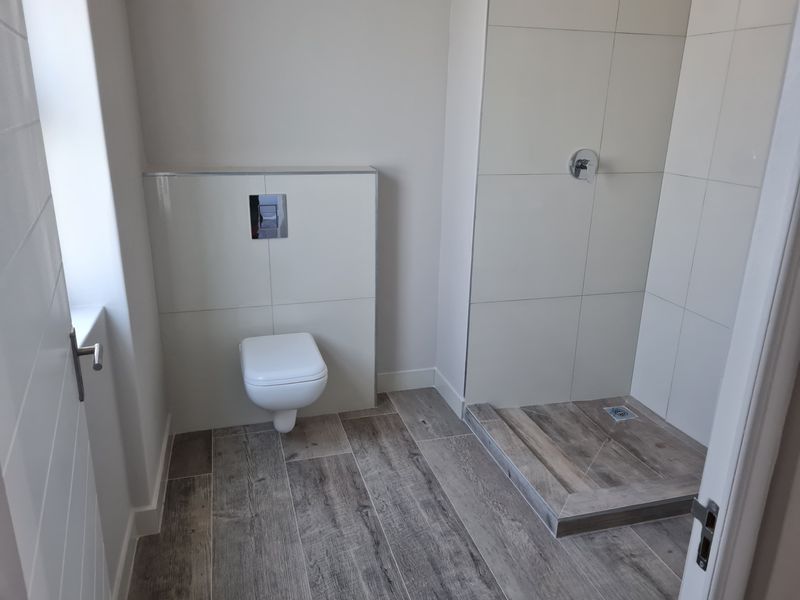 Modern bathroom featuring a wall-mounted toilet with concealed cistern, walk-in shower with tiled base, and contemporary wood-look floor tiling.