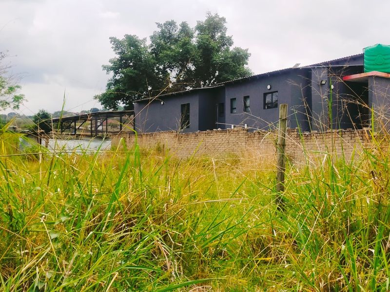 View of the rear elevation of the property featuring a brick boundary wall, water storage tank, and surrounding overgrown land.