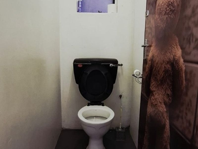 A small, basic industrial bathroom featuring a standard toilet, fluorescent lighting, and a small window. The space requires cosmetic updates to improve its condition.