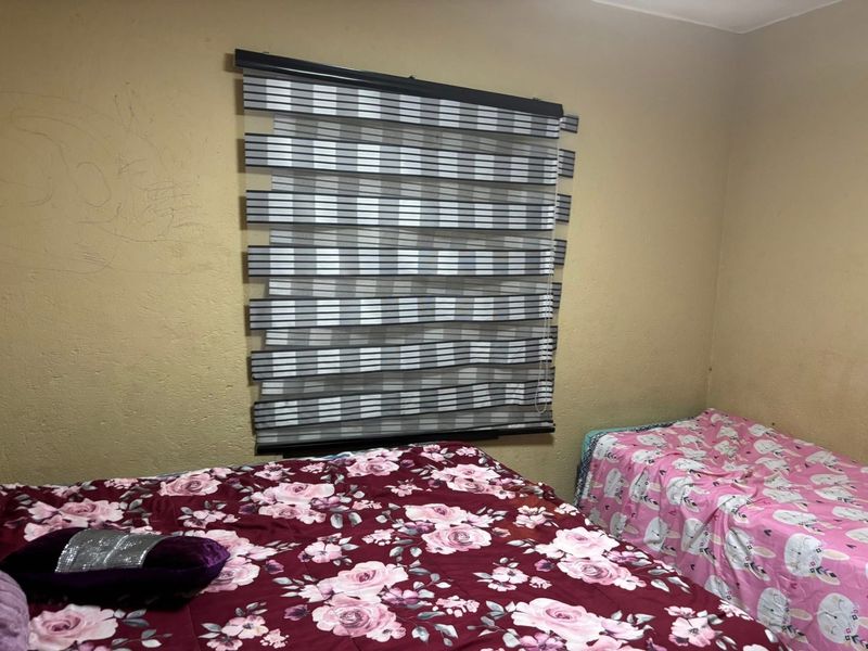 A bedroom featuring a modern zebra roller blind and painted walls showing signs of wear and surface markings.